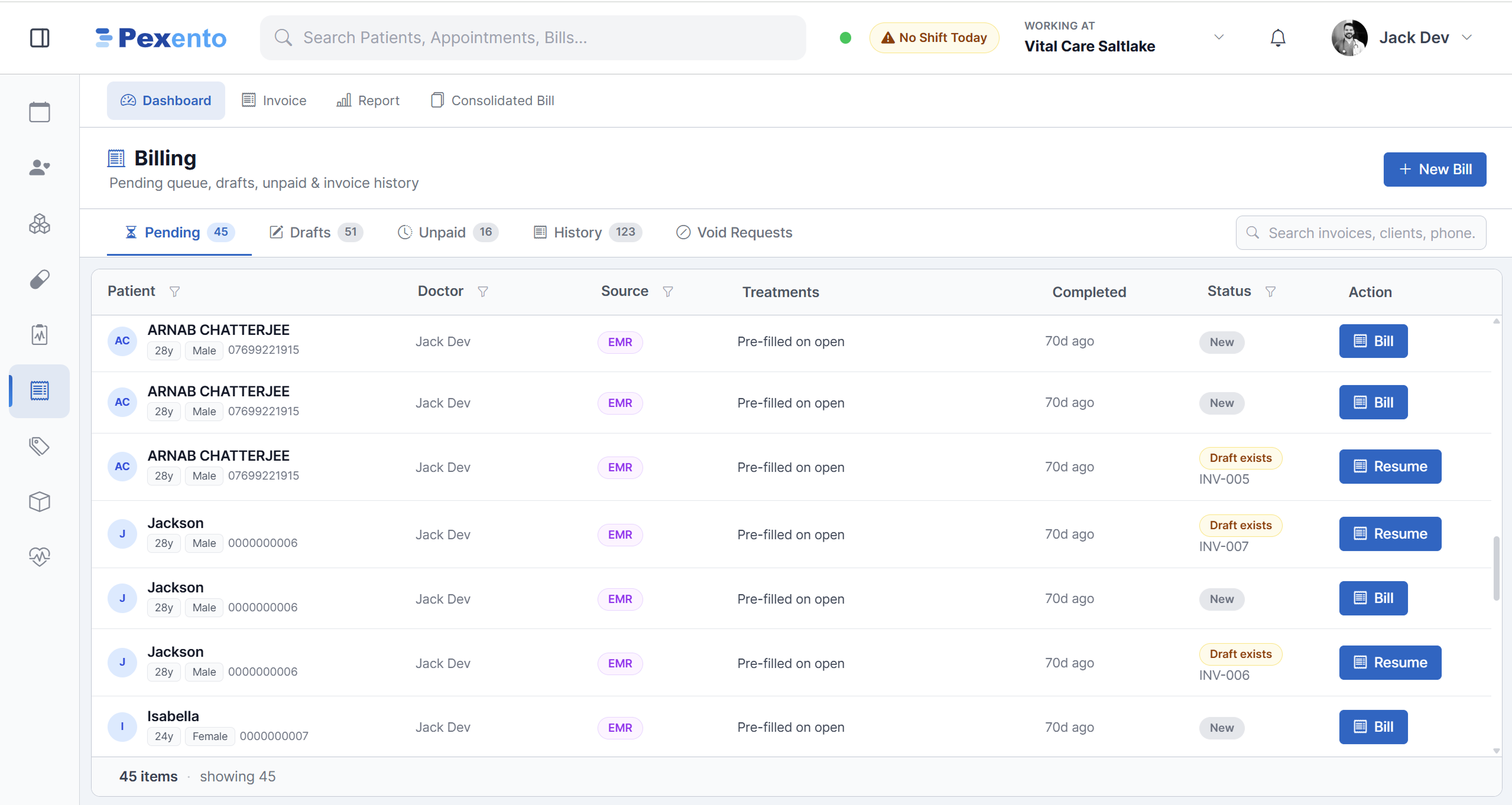 Billing desk showing bills created from finalised encounters