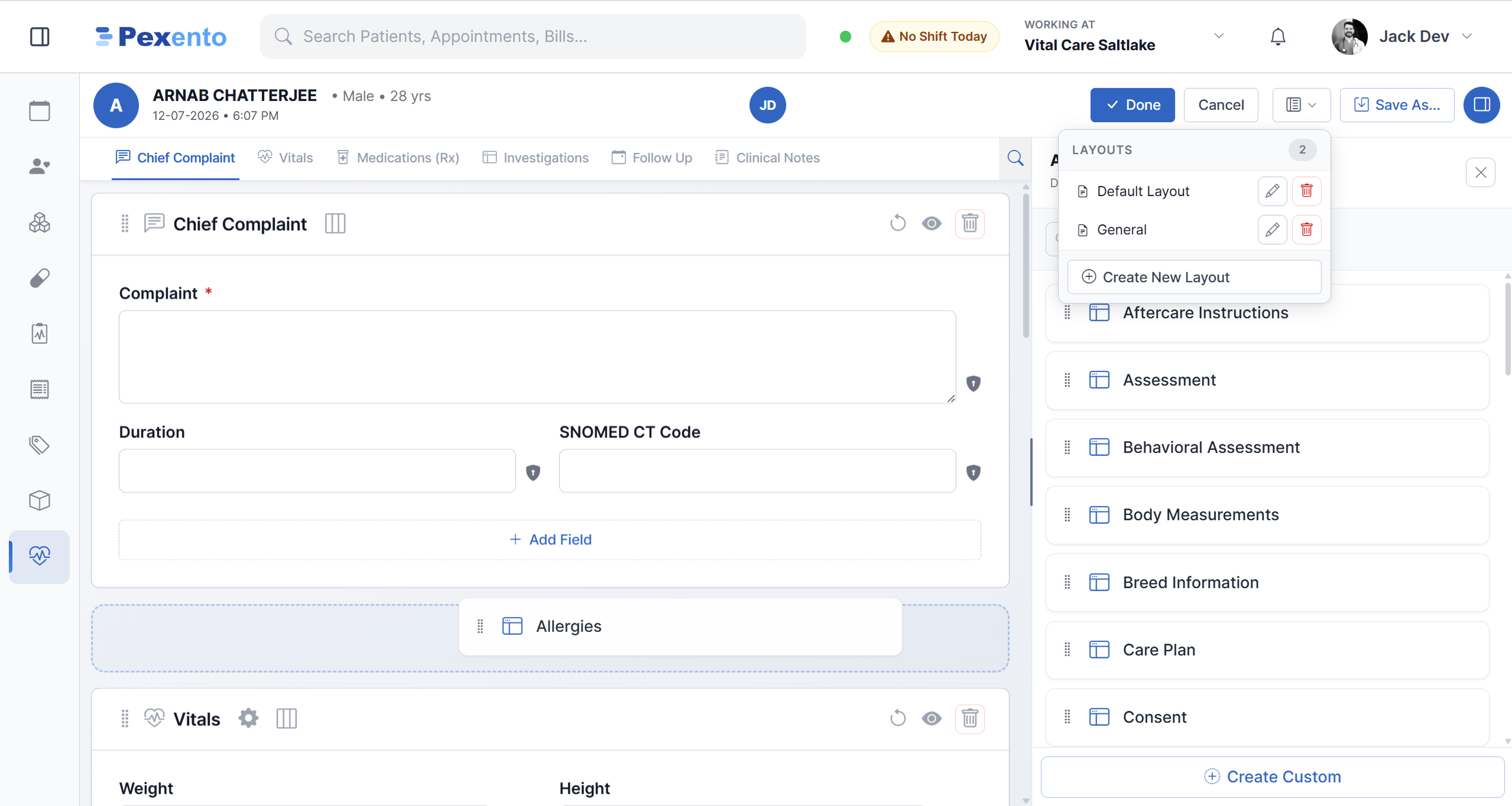 EMR template editor with the widget library open beside the encounter canvas