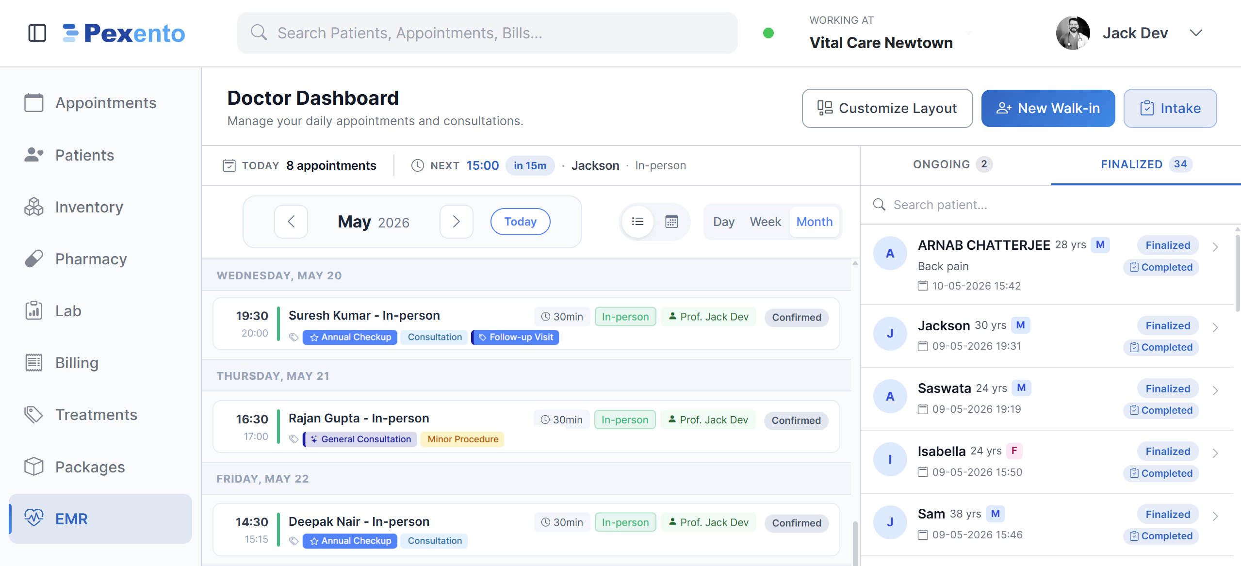 Provider dashboard listing the day's appointments beside ongoing and finalised encounters
