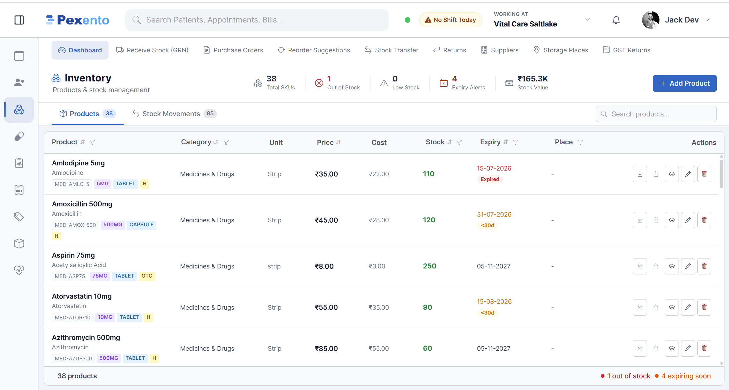 Inventory dashboard listing products with price, cost, stock and expiry