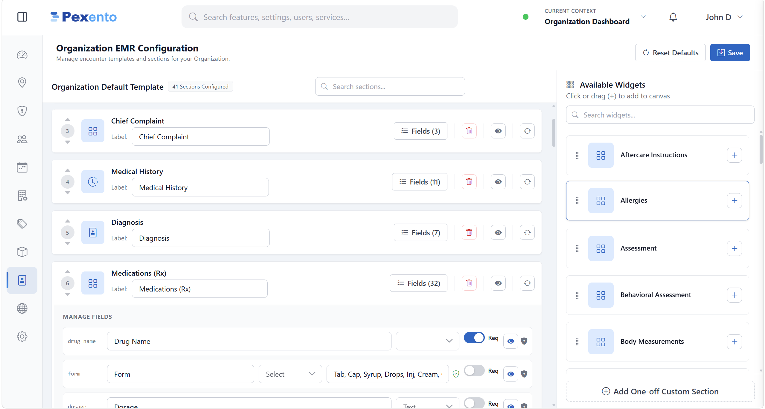Organization EMR configuration listing configured sections and available widgets