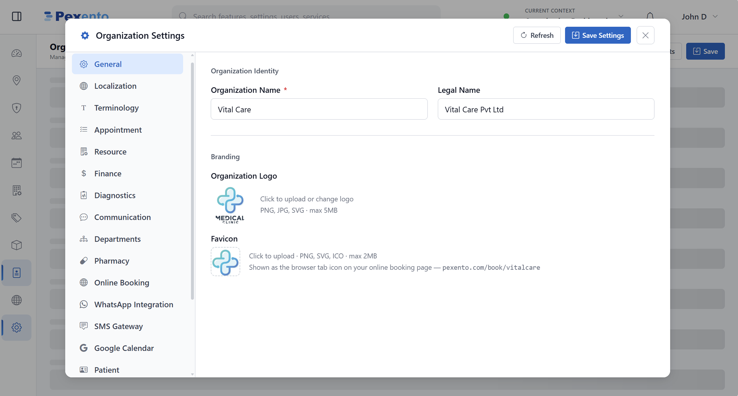 Organization settings modal with general, localization, terminology and finance sections