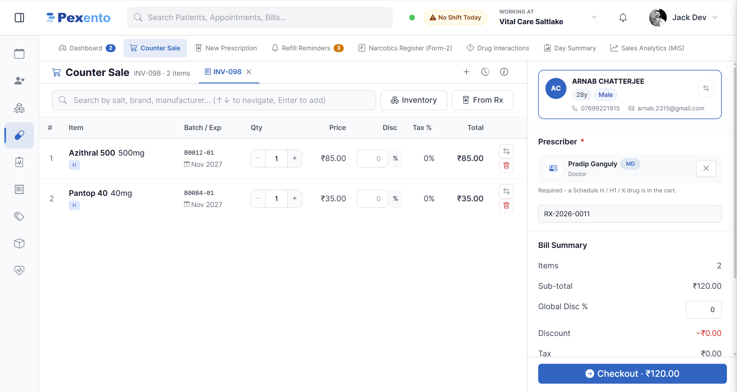 Counter sale showing batch and expiry chosen automatically for each line