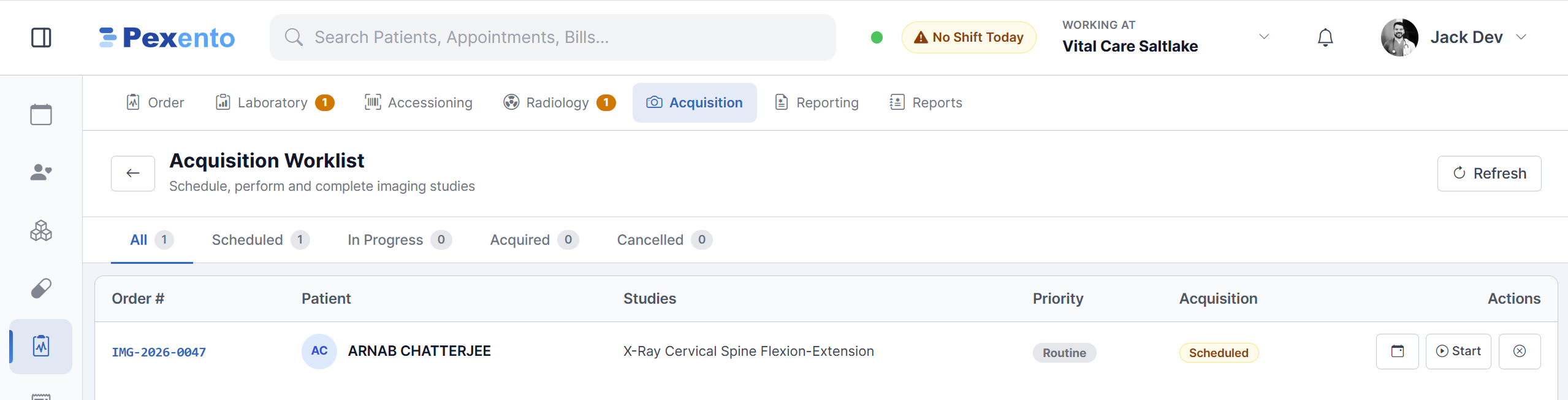 Imaging acquisition worklist with order number, study, priority and status