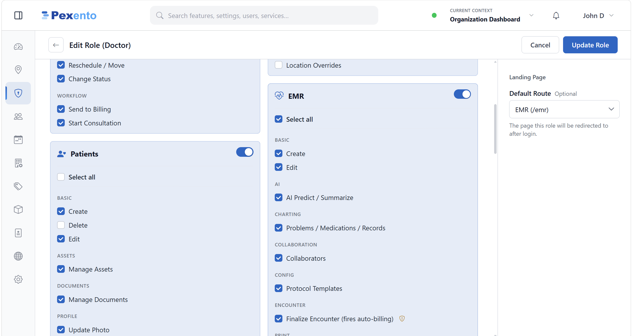 Role editor with modules toggled on or off and individual permissions inside each