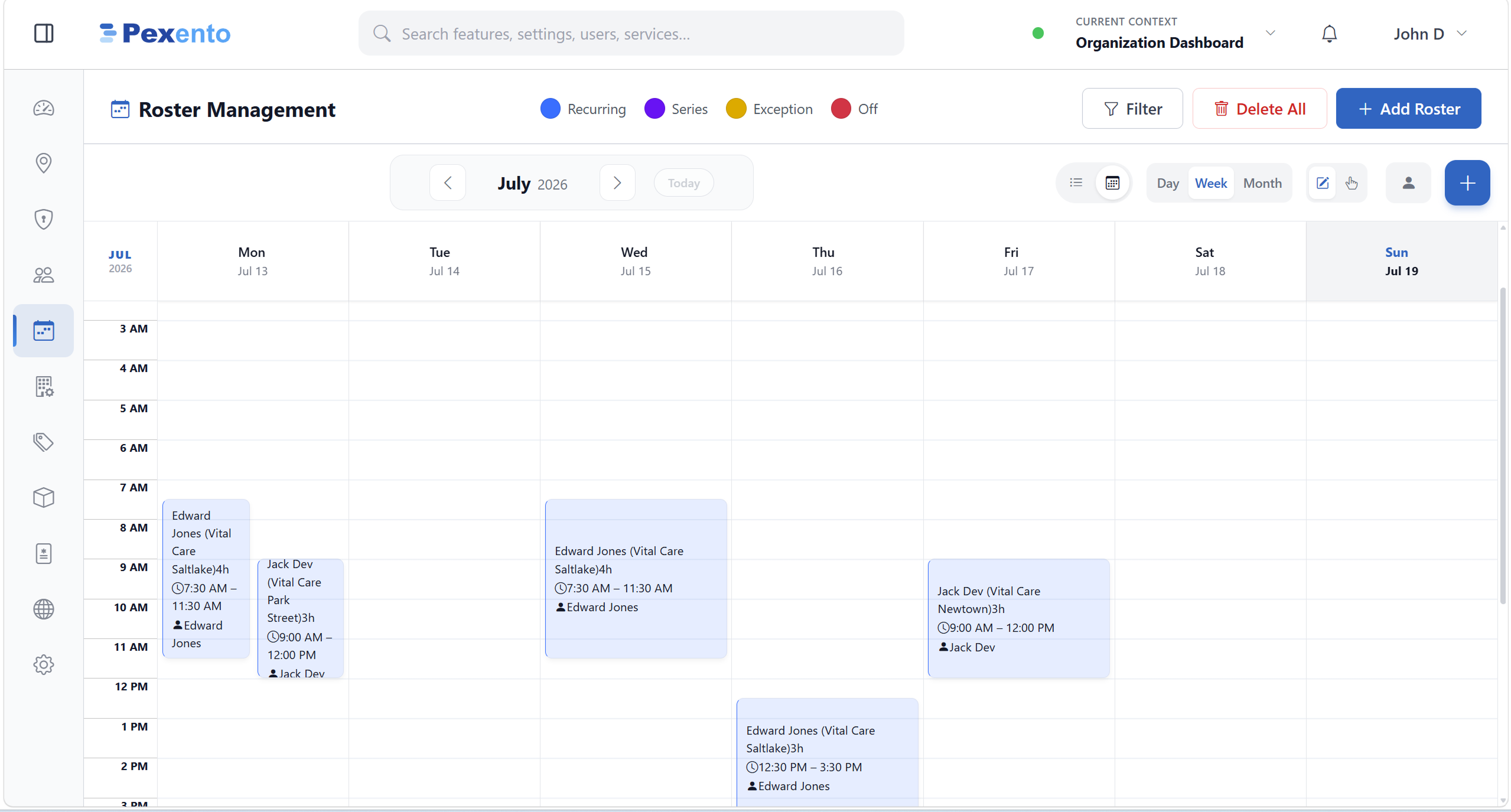 Weekly roster showing shifts for each staff member across locations