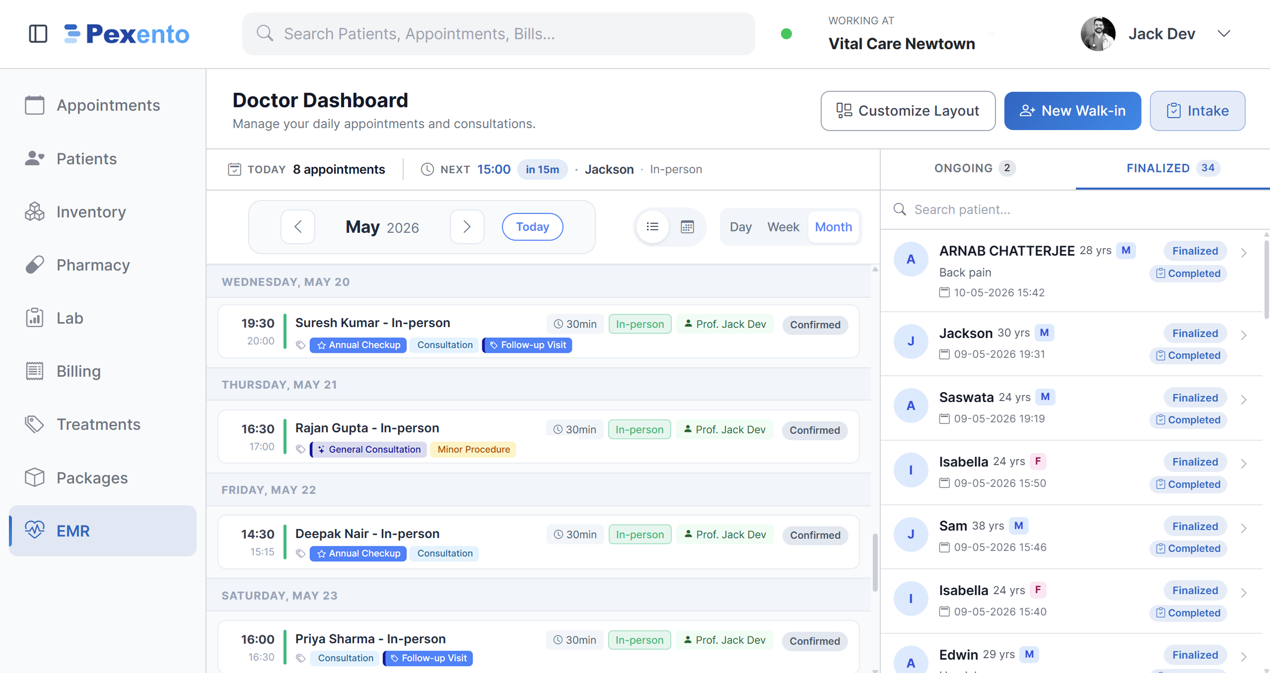 Pexento EMR Dashboard - Doctor view with appointments, patient queue and encounter history